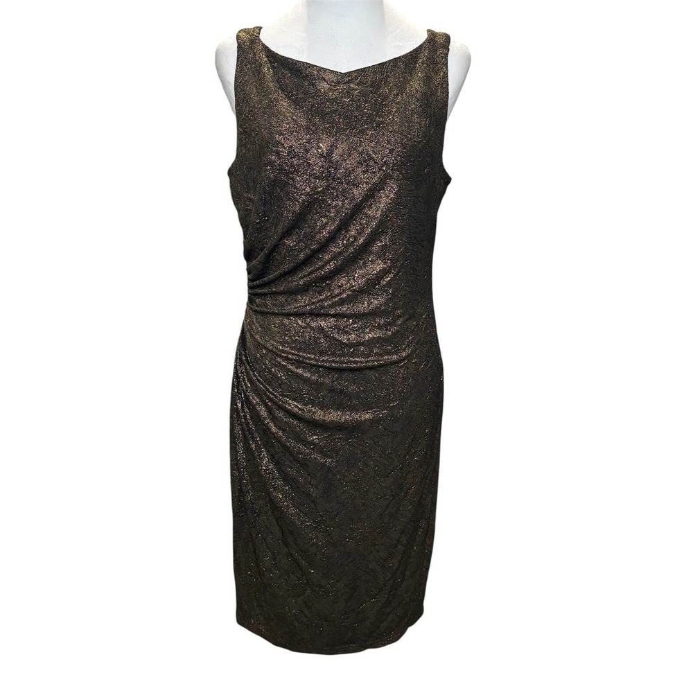 David Meister Bronze Gold Metallic Ruched Backless Textured Cocktail Dress 12‎ - Picture 3 of 10